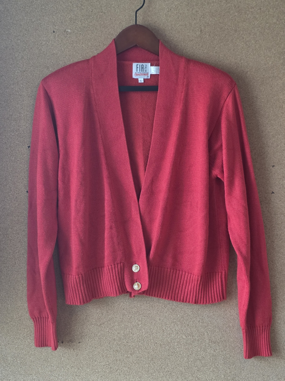 Vintage FIA Italia Red Handloomed Cardigan Sweater Lion Head Buttons Large